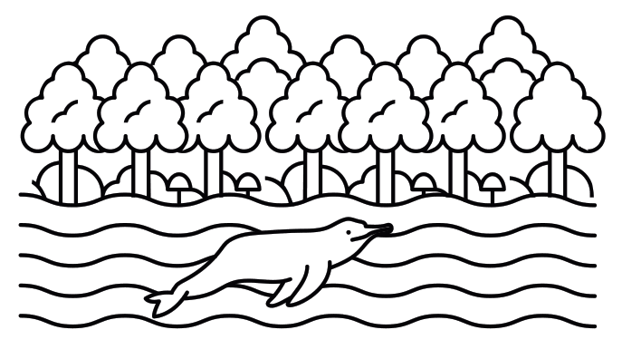 Illustration of a dolphin swimming in a flooded forest