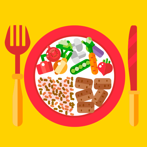 Illustration of a dinner plate containing a balanced meal with lots of vegetables of different colours