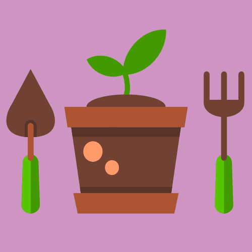 An illustration showing a plant pot and tools for growing your own herbs