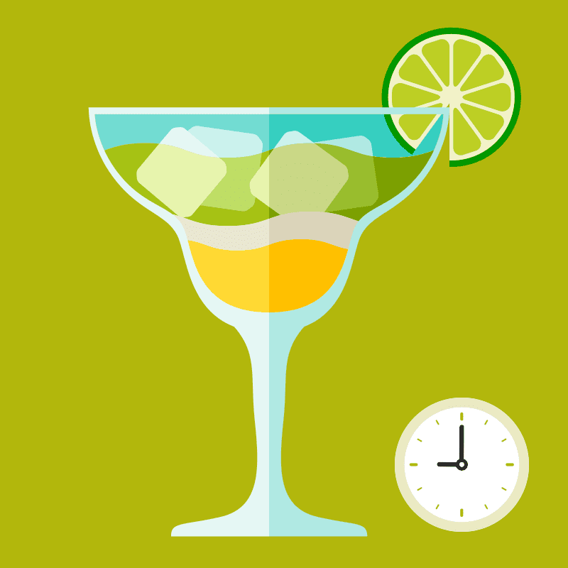 Illustration of a cocktail glass containing a layered drink that resembles a landscape, with no straw