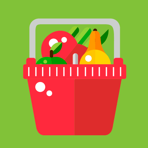 An illustration of a red shopping basket filled with fresh fruits and vegetables