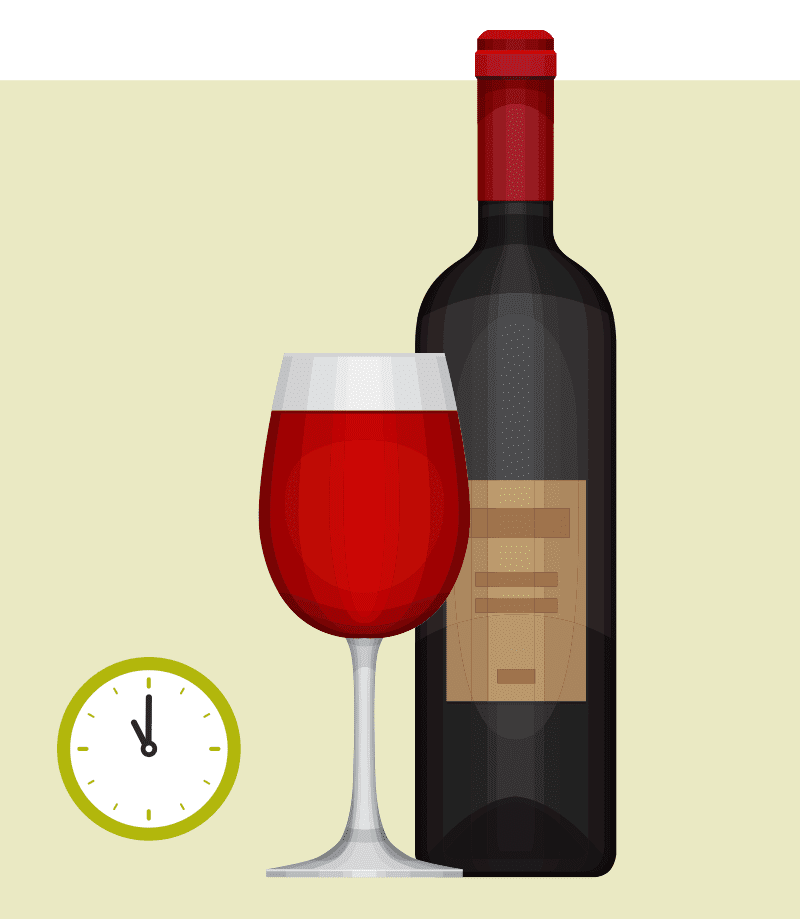 Illustration of a corked bottle of wine next to a wine glass full of red wine