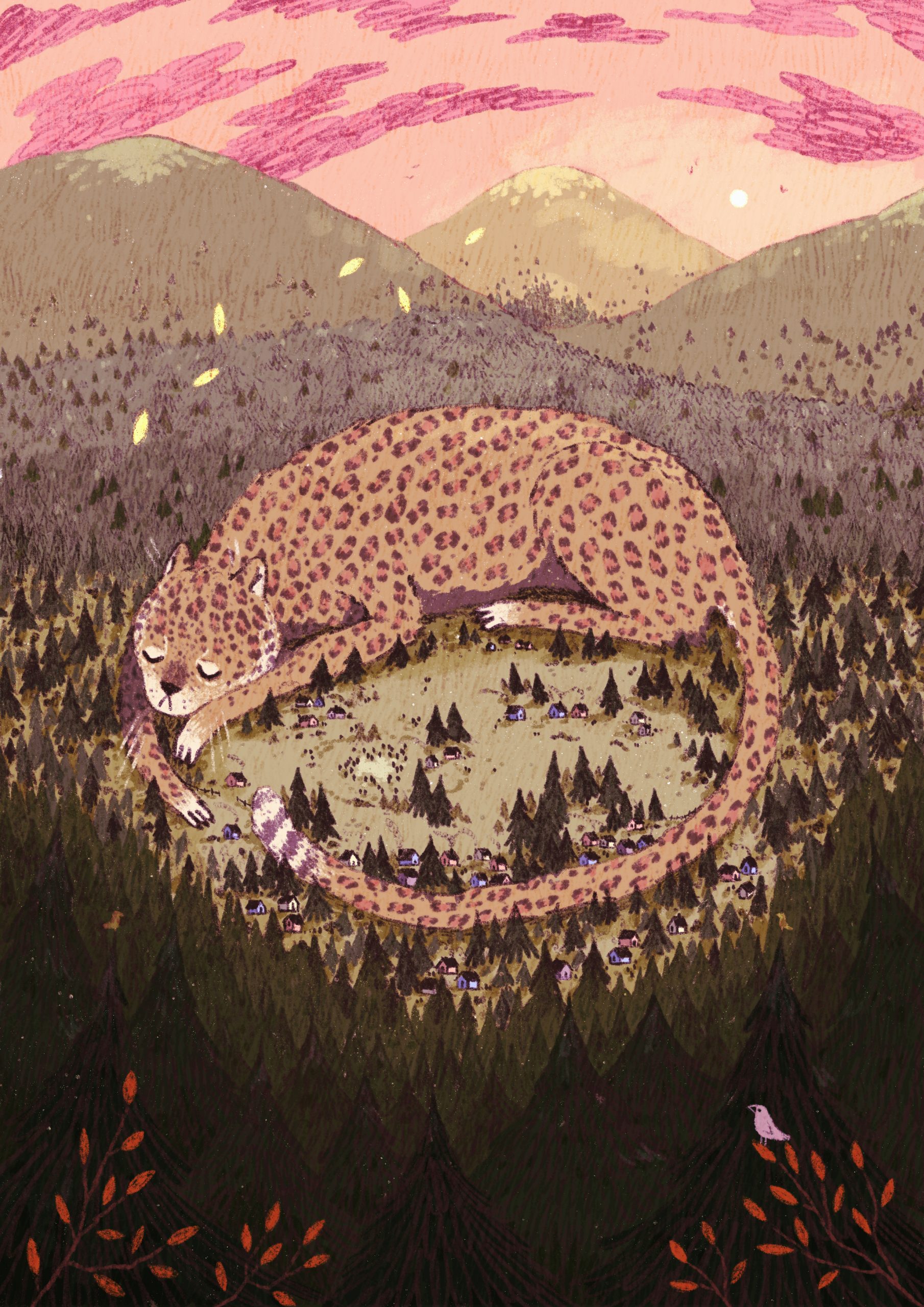 Illustration of a giant sleeping leopard surrounded by forests and mountains