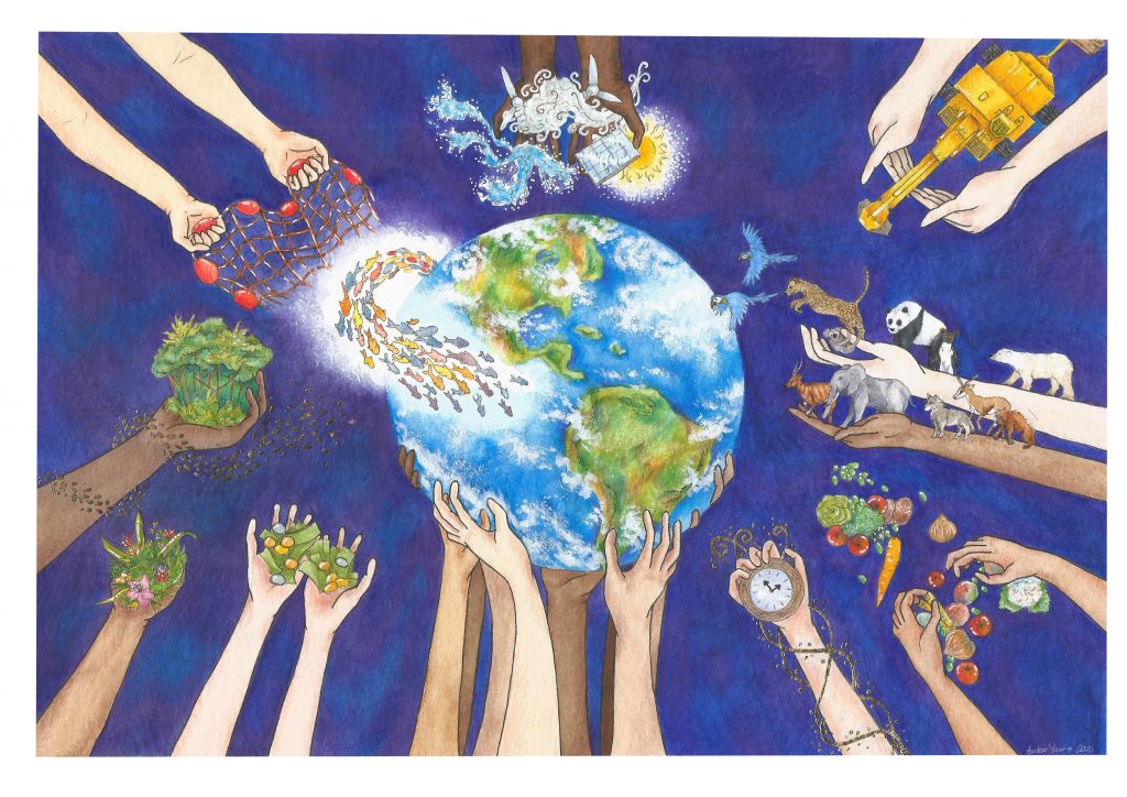 Pencil drawing of the globe with outreaching hands offering wild animals, forests, flowers, renewable energies, fruit and vegetables.