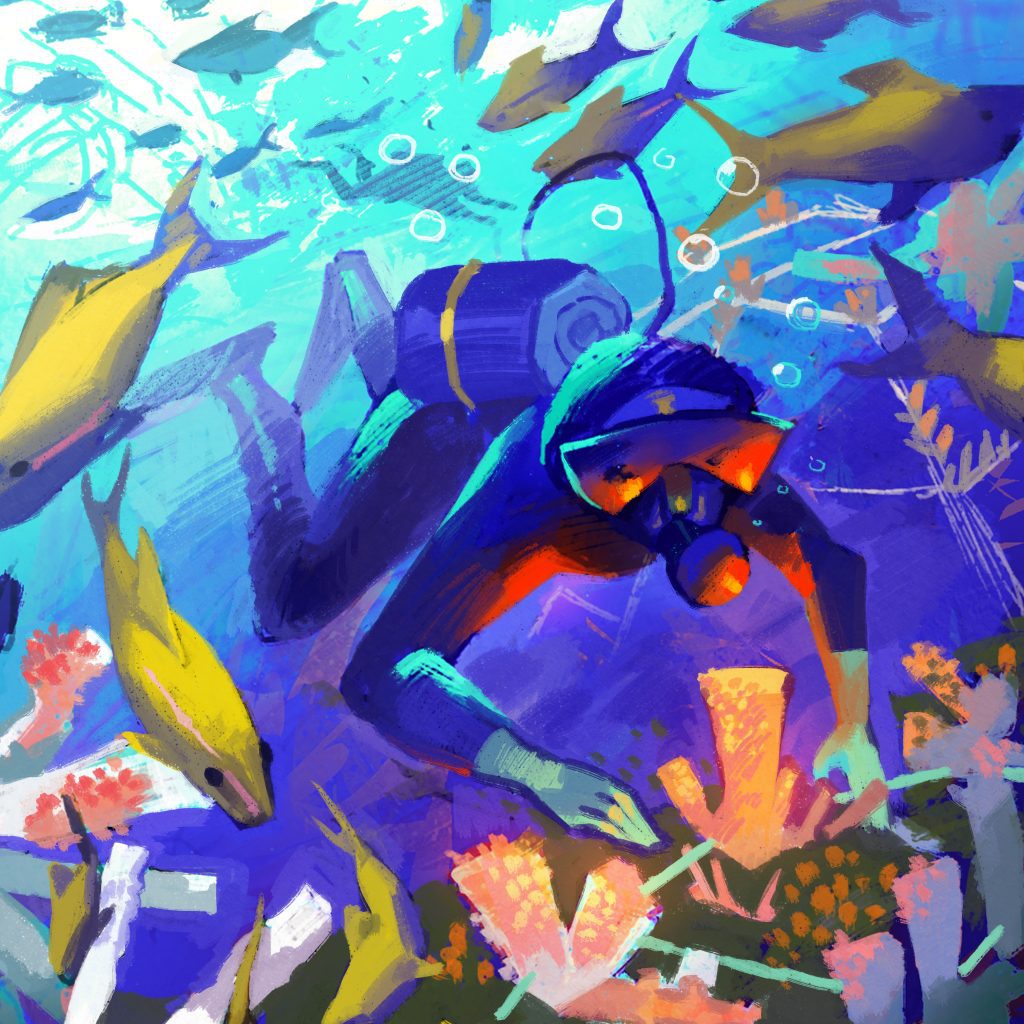 Painting of coral reef and scuba diver surrounded by marine life