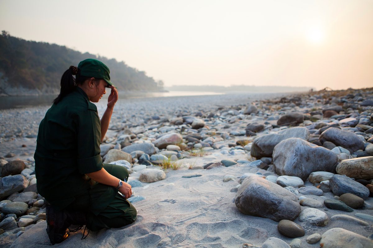 Photograph of tiger protector Singye Wangmo looking at tiger paw prints on the ground