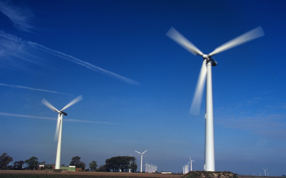 Rows of wind turbines against a blue sky