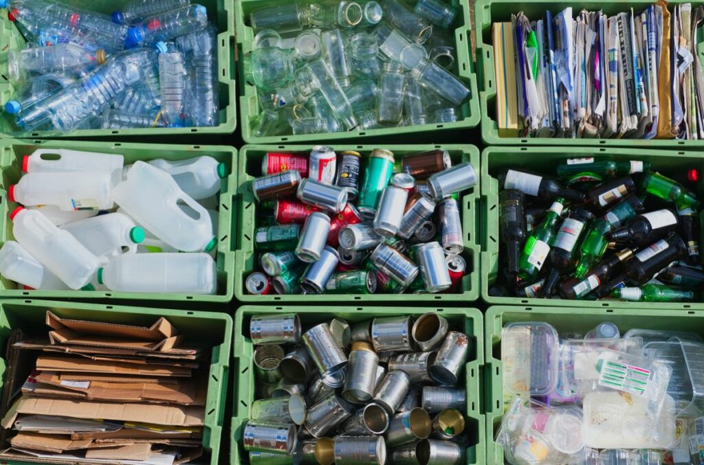 Crates of rubbish sorted for recycling