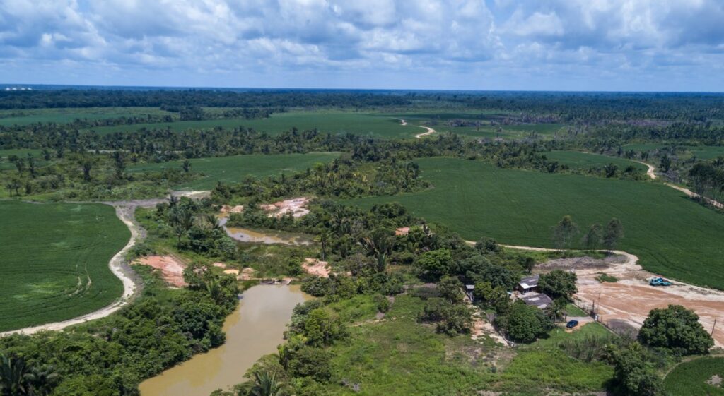 An aerial shot showing a patch of cleared land in the Amazon