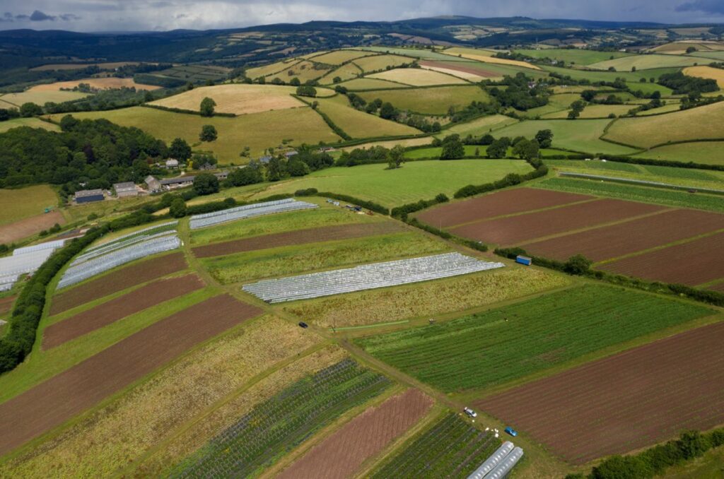 An aerial view of Riverford farm in Devon