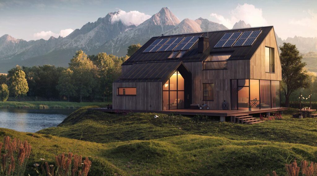 A sustainable house in front of mountains at the end of a lake