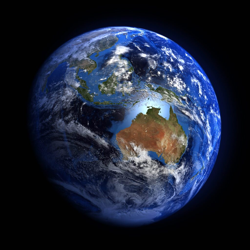 An enhanced satellite image of Earth from space, with Australia in the foreground