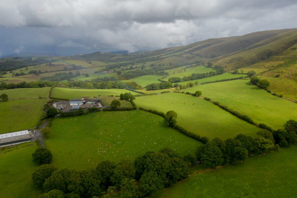 An aerial view of a regenerative farm in Wales