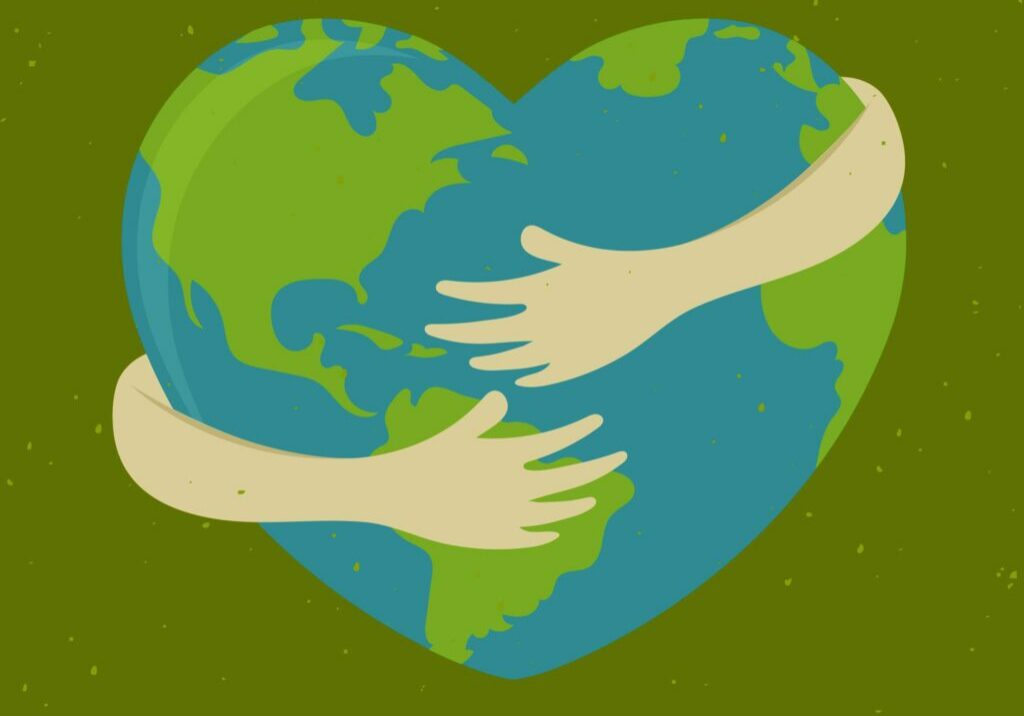 Illustration of two arms hugging a heart-shaped globe