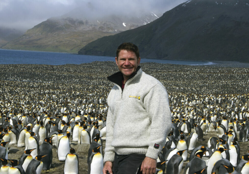 Steve Backshall stands on the shore among thousands of penguins