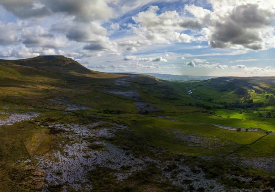 A panoramic view of the Wild Ingleborough landscape