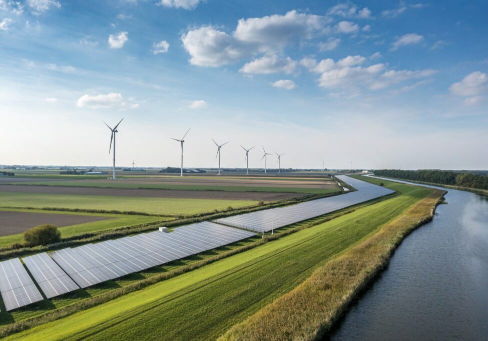 Solar panels and wind turbines generating renewable energy