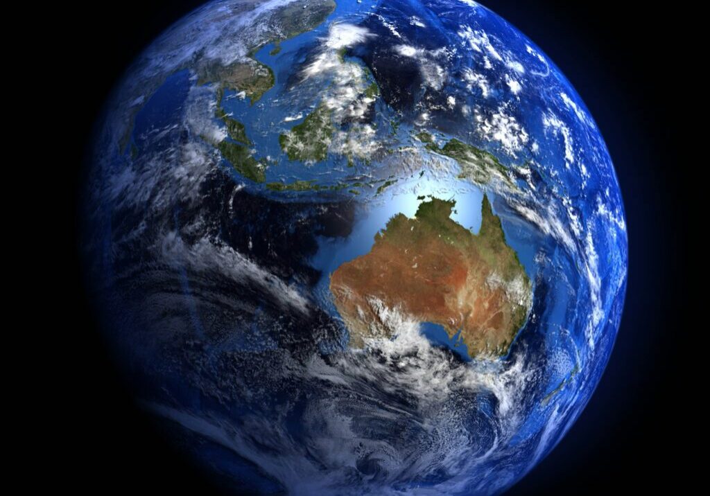 An enhanced satellite image of Earth from space, with Australia in the foreground