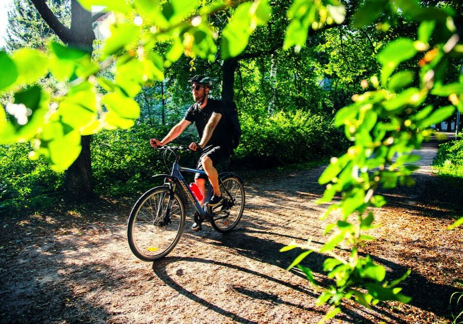A man rides a bicyle along a woodland path